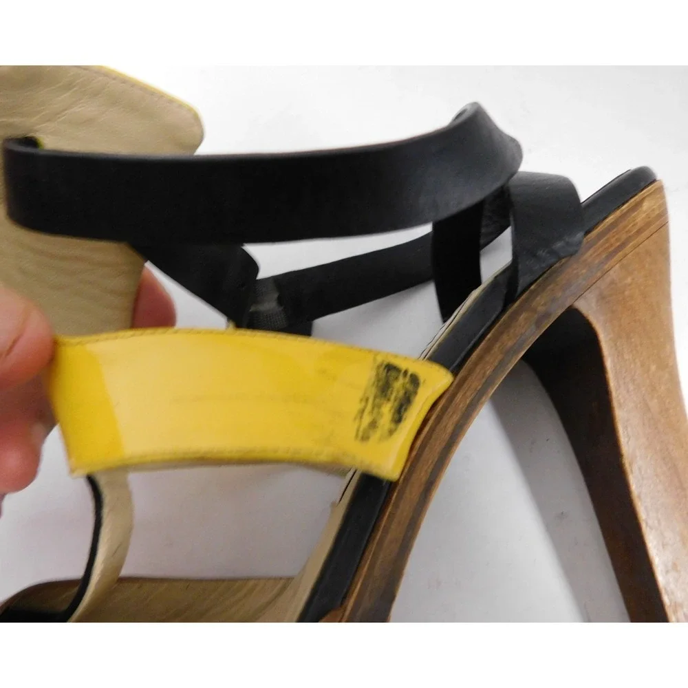 JIMMY CHOO Samos Yellow Patent Brown Leather Wood Platform Sandals sz 37
